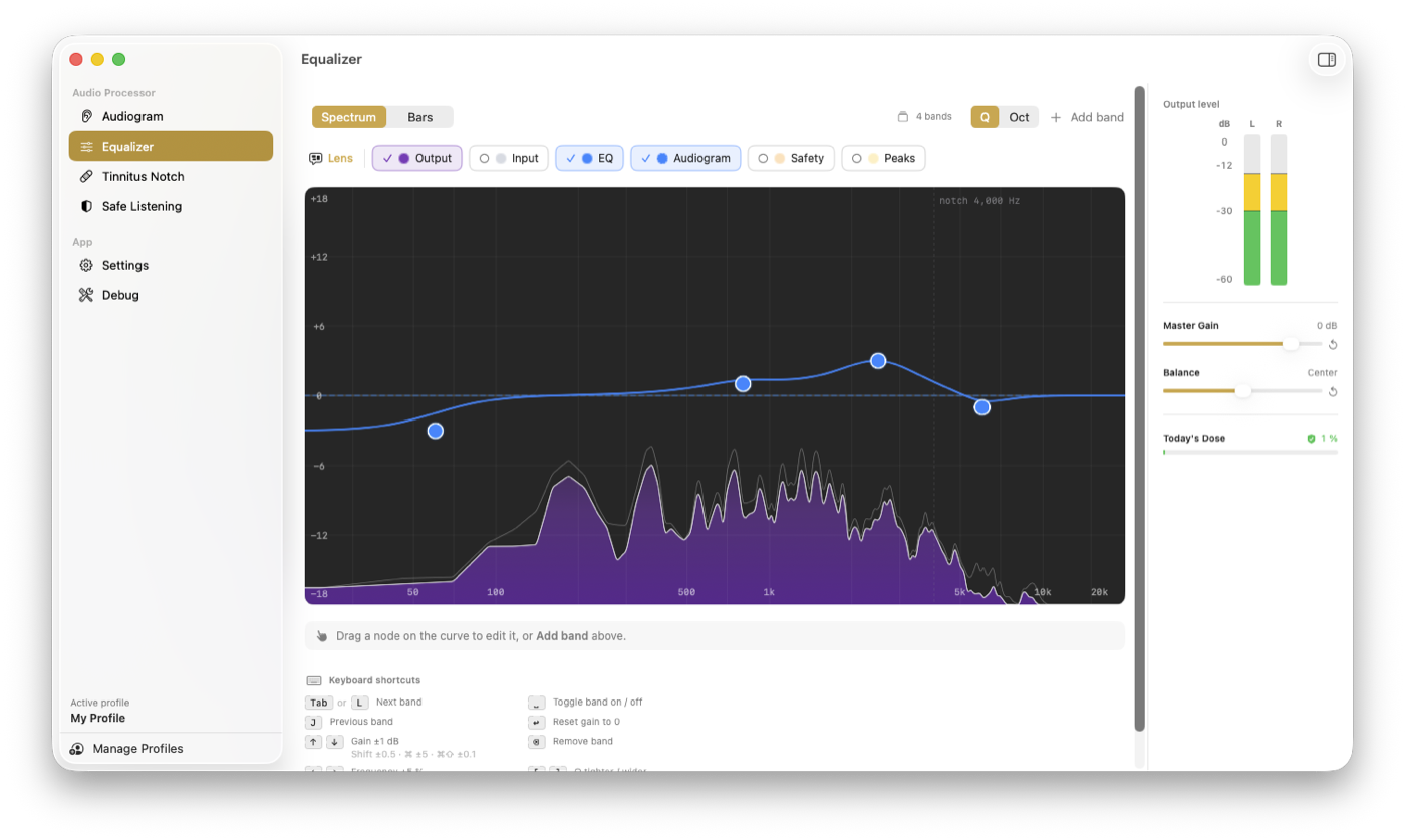 Equalizer view — a parametric EQ curve overlaid on a live spectrum with selectable Output, Input, EQ, and Audiogram lenses, plus an output-level meter sidebar.